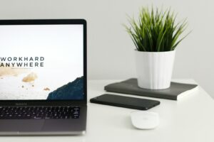 MacBook Pro near green potted plant on table